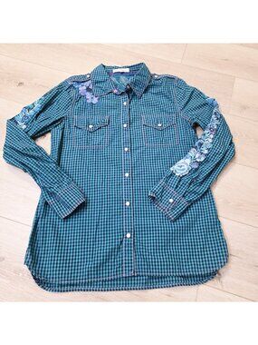 Womens Cowgirl Western Floral Embroidered Pearl Snap Shirt Johnny Was Sz Sm